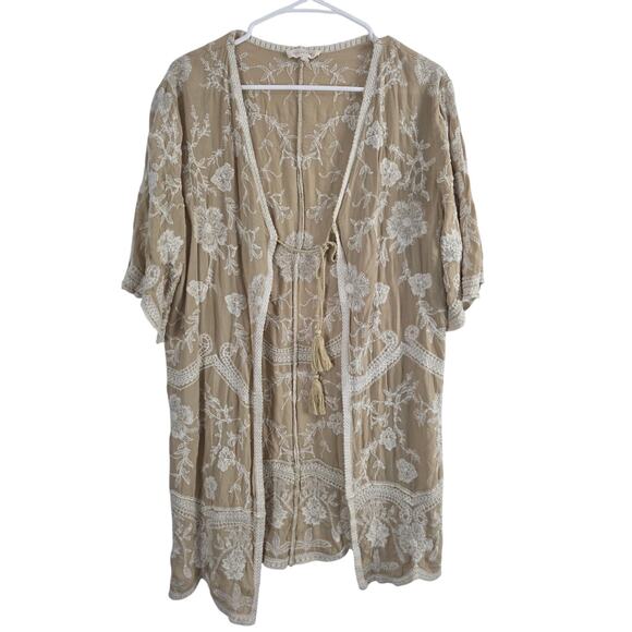 Solitare Cottage Core Cardigan L Womens Boho Coquette Embroidered Tan Coastal - Picture 1 of 6